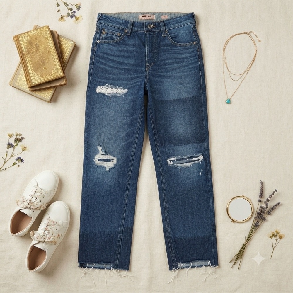 Ariat Real Denim High Rise‎ Straight Leg Distressed Patchwork Jeans Blue 25R